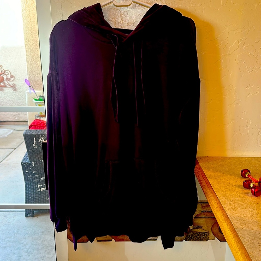 This burgundy sweatshirt with velour hood, toes.. It is 1x dressy, never worn.